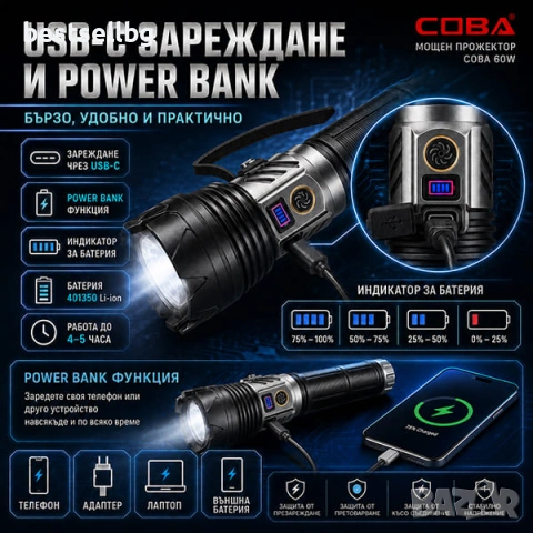 Мощен прожектор с лазерен диод 60W 2000м обхват Zoom Power Bank USB-C ръчен LED фенер за лов риболов, снимка 3 - Къмпинг осветление - 54109986