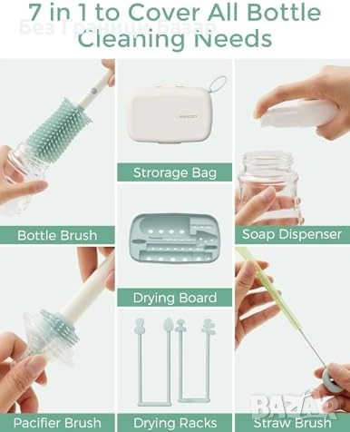Нов BPA Free комплект за почистване на бебешки бутилки Momcozy силиконова четка поставка и кутия, снимка 6 - Други - 55140581