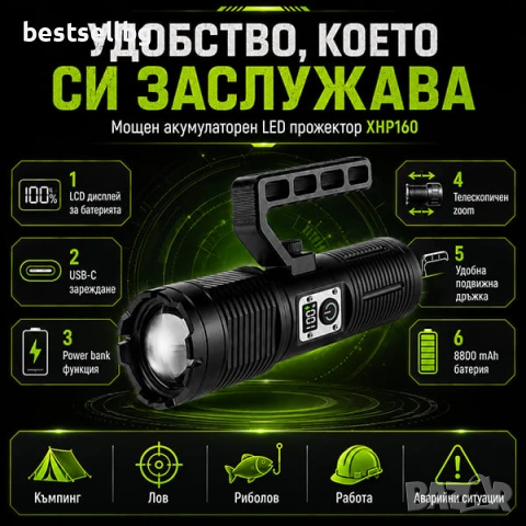Мощен далекобоен тактически прожектор акумулаторен LED ръчен фенер и къмпинг лампа за лов риболов, снимка 5 - Къмпинг осветление - 50876287
