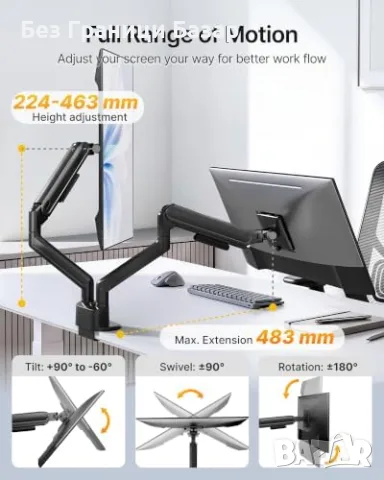 Нова стойка Двойно рамо за монитор 17-40" алуминий USB-C USB-A VESA 75x75 100x100, снимка 5 - Други стоки за дома - 55415726