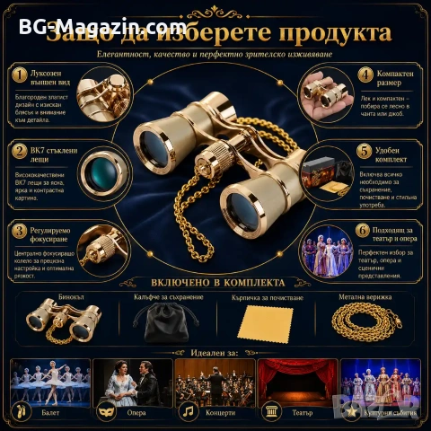 Луксозен театрален бинокъл 3×25 черен с верижка за театър опера концерти балет подарък реквизит, снимка 4 - Други ценни предмети - 50931293