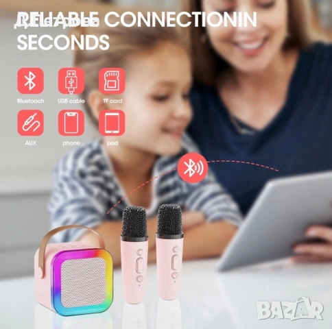 Мини Bluetooth караоке колонка с 2 безжични микрофона, снимка 5 - Музикални играчки - 55072603