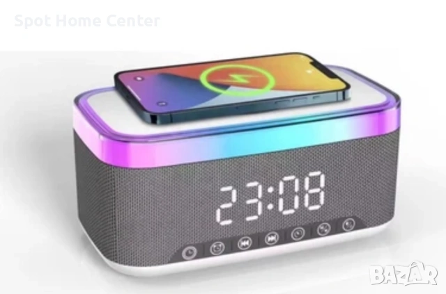Безжична Bluetooth колонка с функция за зареждане на телефон отгоре, RGB дизайн, аларма и часовник., снимка 5 - Слушалки и портативни колонки - 54584876