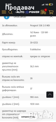 Дясна полуоска за Peugeot