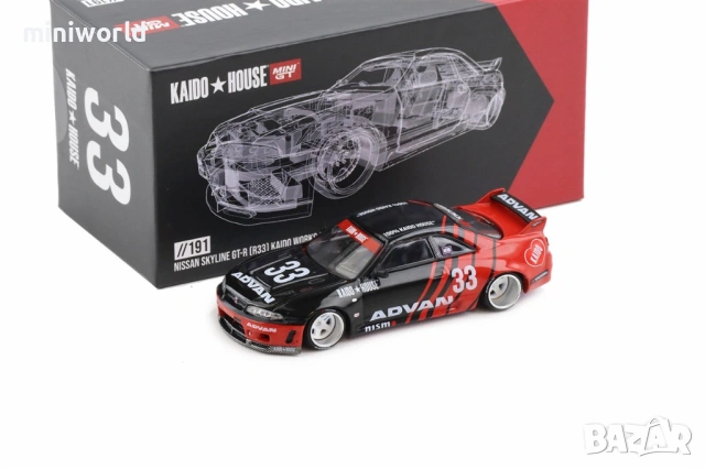 NISSAN SKYLINE GT-R R33 KAIDO WORKS ”ADVAN” - мащаб 1:64 на Mini-GT моделът е нов в кутия, снимка 4 - Колекции - 54929472