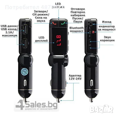 Блутут за кола (MP3player  FM предавател  зарядно USB и Bluetooth) / Материал на корпуса: метал, ABS, снимка 3 - Аксесоари и консумативи - 55337645