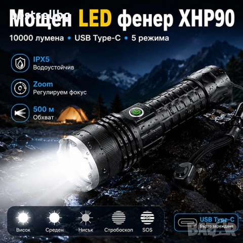 Мощен ръчен лед прожектор P90 фенер акумулаторен зарядно USB лов XHP90