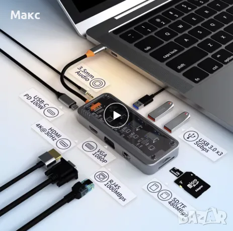 10-в-1 USB-C хъб / докинг станция 10-in-1 Multifunctional USB-C Hub Docking Station