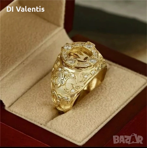 👑 24K Златно покритие - Мъжки Пръстен „Корона“ – Луксозен Лимитиран Модел с Печат, снимка 2 - Пръстени - 54512388