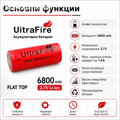 Презареждаща се акумулаторна батерия 26650 3.7V литиевойонна 6800mAh за фенр прожектор челник, снимка 2 - Друга електроника - 51102983