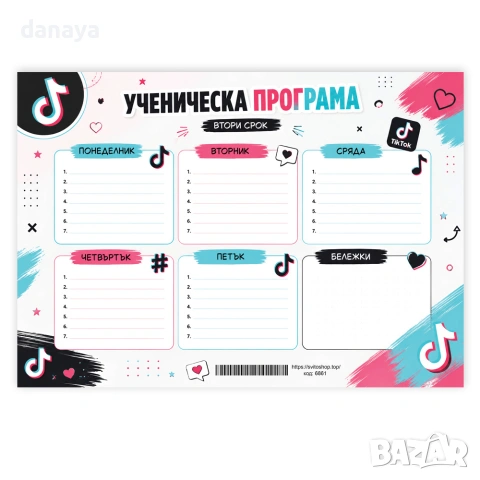 6861 Двустранна седмична ученическа програма TikTok – А4 формат, снимка 2 - Ученически пособия, канцеларски материали - 55281698