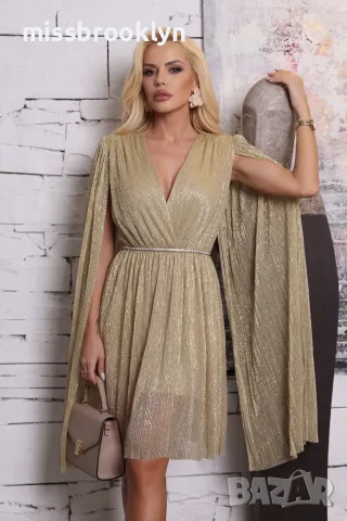 Рокля “Golden Goddess Aura” – златна плисирана рокля с колан арт.1840