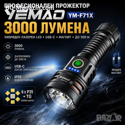 Професионален прожектор 3000 лумена YEMAO Хибриден Лазерен LED USB-C за лов риболов туризъм палатка