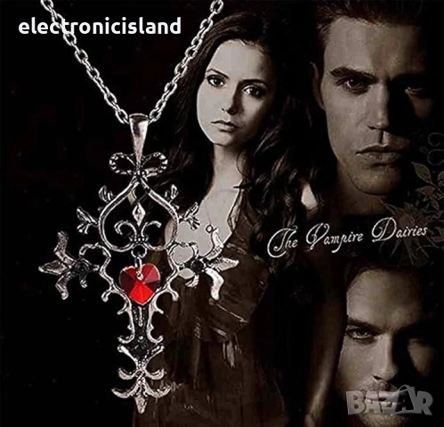 Дневниците на вампира,  диамантено колие, Елена Гилбърт готически кръст Циркон Червено сърце Косплей, снимка 2 - Колиета, медальони, синджири - 54527200
