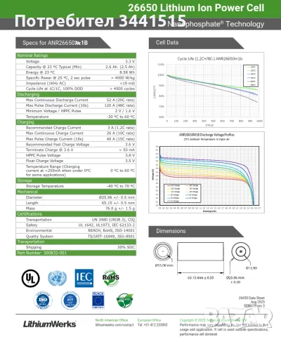 8× LiFePO4 батерии Lithiumwerks ANR26650M1B 3.3V 2600mAh 52A 26650 , снимка 4 - Батерии, зарядни - 55455901