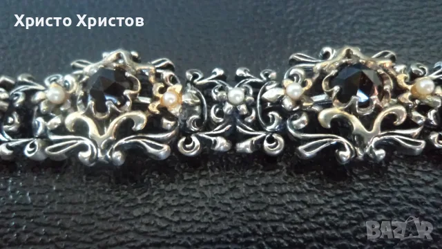 Сребърна аристократична винтидж гривна с гранати, позлата и перли Виена, снимка 4 - Гривни - 55667793