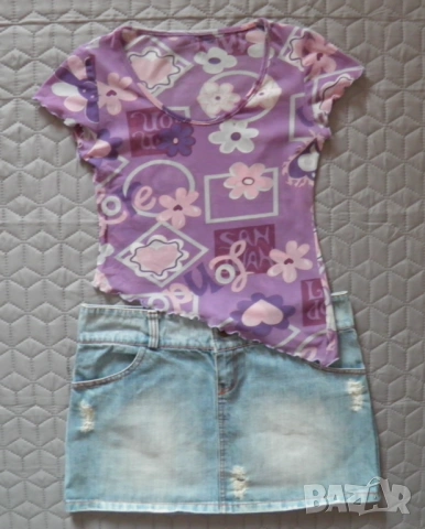 Дамски сет ефектна тениска и къса дънкова пола