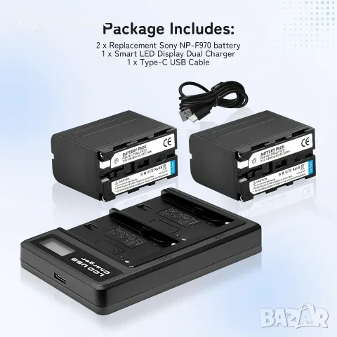 Комплект 2 батерии NP-F970 8800mAh + двойно USB зарядно за Sony Handycam, LED осветление и монитори, снимка 7 - Батерии, зарядни - 55670936