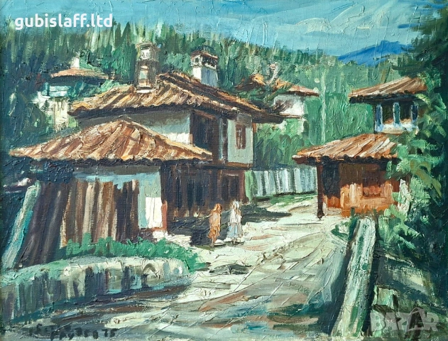 Картина, стари къщи, 1975 г., худ. Б. Грудев (1928-2018), снимка 2 - Картини - 54420395
