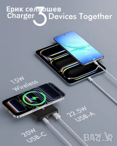 Магнитна безжична външна батерия 10000mAh – MagSafe, 15W, Сгъваема стойка