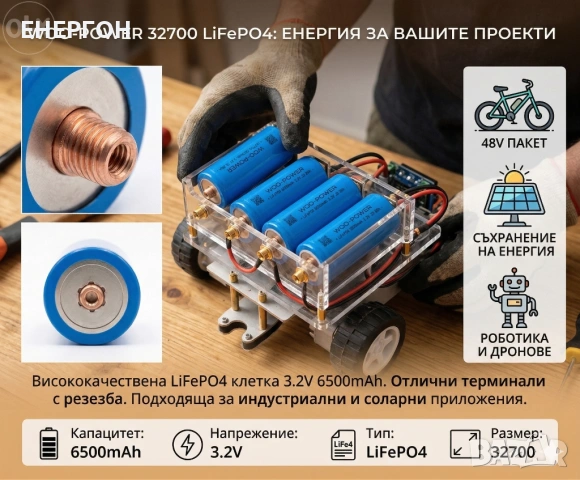 LiFePO4 Батерия 32700 6500mAh 3.2V за градинска лампа резервна част 32650 соларна лампа градиснки ос, снимка 2 - Друга електроника - 54940942