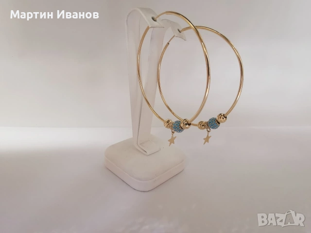 Златни обеци халки със здезда, снимка 2 - Обеци - 54155226