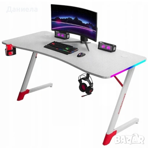 Бяло геймърско бюро с RGB LED осветление, 140 см – Карбоново покритие, поставка за чаша и слушалки, снимка 8 - Бюра - 54696890