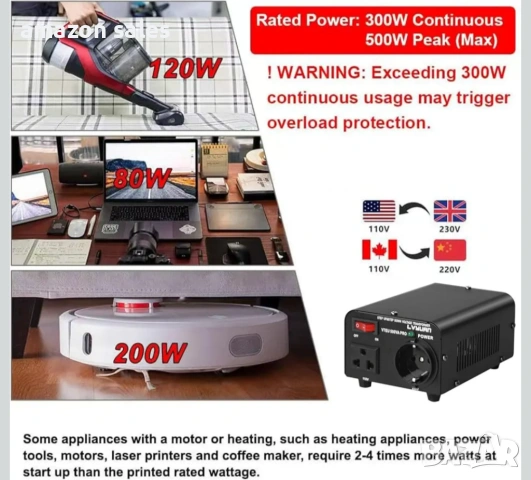 Cantonape Преобразувател на напрежение - Изход 110/220V AC - 500W Тороидален трансформатор - 110V 22, снимка 7 - Друга електроника - 54479464