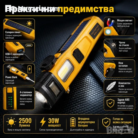 Мощен LED ръчен акумулаторен фенер и къмпинг лампа осветление за къмпинг риболов палатка туризъм, снимка 3 - Къмпинг осветление - 51178699