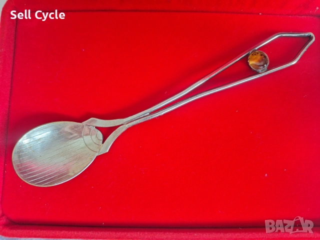 ✅СРЕБЪРНА ДЕСЕРТНА ЛЪЖИЧКА С КЕХЛИБАР❗