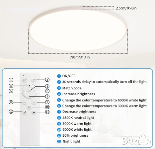 LED таванна лампа MOONSEA 80W, 80 см, голяма плоска димируема LED плафониера с дистанционно управлен, снимка 5 - Лампи за таван - 54742629