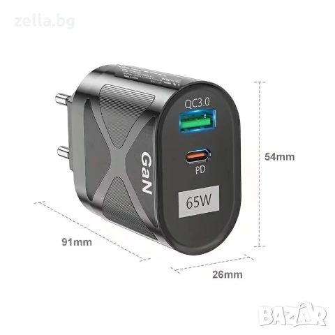 65W GaN зарядно устройство USB-C PD & USB-A QC 3.0 – Бързо зареждане за iPhone, Samsung 10326, снимка 7 - Друга електроника - 54672266