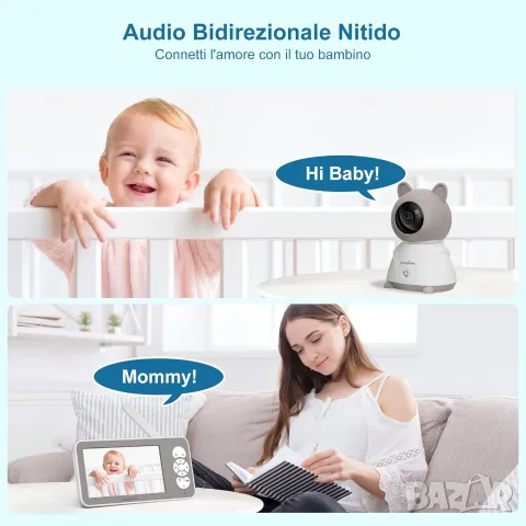 Смарт видео бебефон Kompinac M1 Video Baby Monitor,5-инчов екран с въртяща се Wi-Fi камера, снимка 7 - Бебефони - 55378891