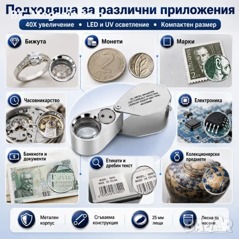 Бижутерска мощна джобна ръчна лупа сгъваема LED осветление УВ светлина камъни злато бижута 40X, снимка 6 - Други инструменти - 50919702