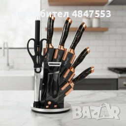 Комплект уреди за рязане Cheffinger – 9 части с мраморно покритие, стойка, точило и белачка