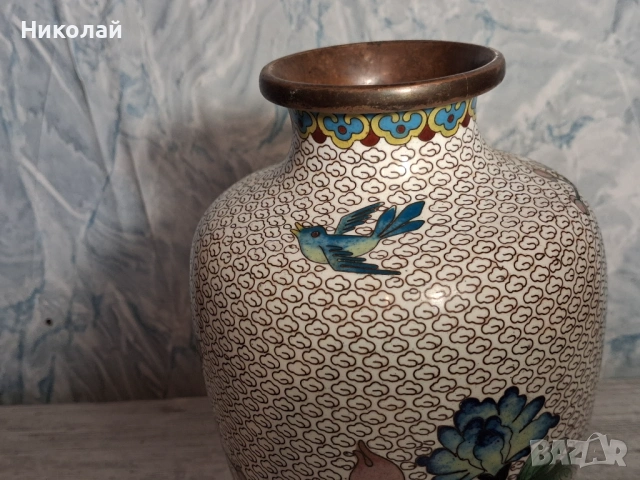 Стара Китайска Ваза Бронз Емайл Клоазон , снимка 7 - Антикварни и старинни предмети - 54752919