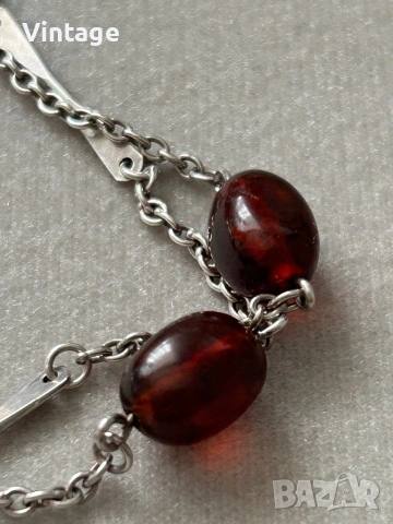 Старинно немско сребърно колие с естествени кехлибари , снимка 2 - Колиета, медальони, синджири - 53981304