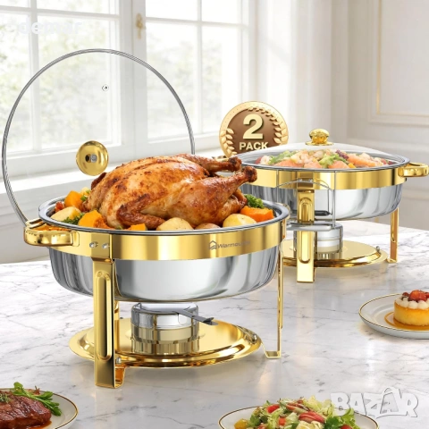 Комплект за бюфет WARMOUNTS 6L Gold Chafing Dish, 2 броя, кръгли съдове за затопляне с капак