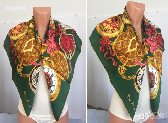 Nina Ricci Голям Дамски Шал от 100% Коприна Оригинален Нина Ричи Зелен Цветя Парфюми, снимка 11 - Шалове - 55645624