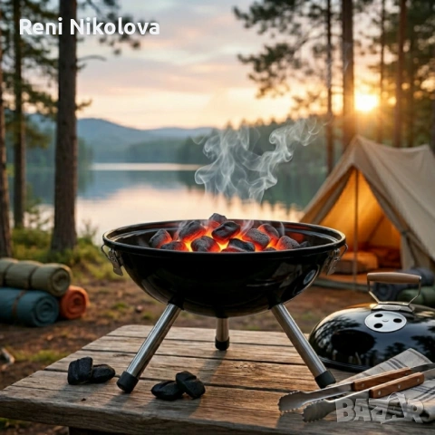 Туристическо барбекю на въглища с кълбовидна форма 37.5 x 45.5 см – компактно и преносимо за градина