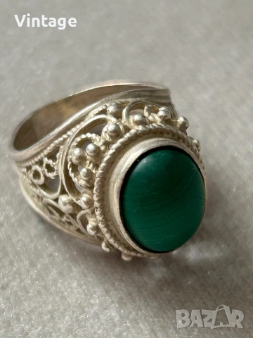 Антикварен съветски сребърен пръстен с малахит, снимка 6 - Пръстени - 53260437