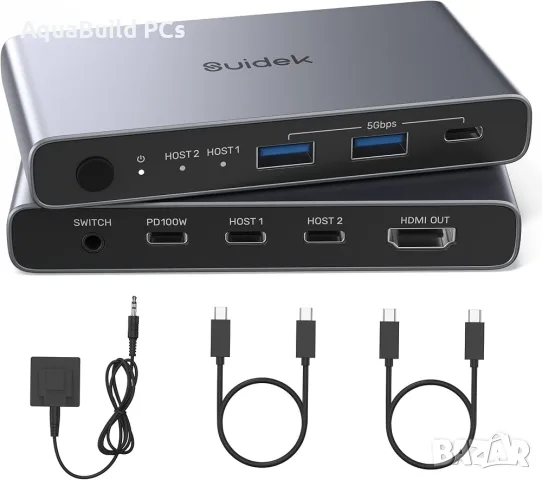 Suidek USB C KVM превключвател за 1 монитор и 2 компютъра, нов