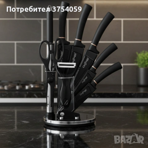 Комплект уреди за рязане Cheffinger – 9 части с мраморно покритие, стойка, точило и белачка, снимка 10 - Прибори за хранене, готвене и сервиране - 55182840