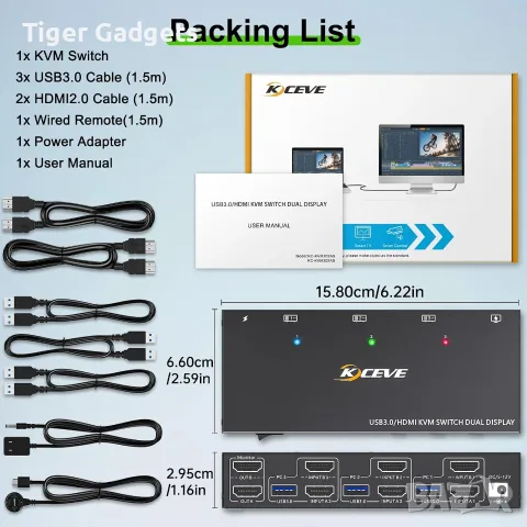 Kceve KVM302AS KVM суич за 3 компютъра и 2 монитора, 4K@60Hz, USB 3.0, EDID, HDMI, снимка 7 - Кабели и адаптери - 55559074