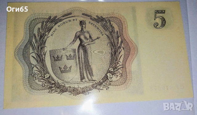 UNC. Много рядка банкнота от Швеция 5 Франка 1954 година , снимка 2 - Нумизматика и бонистика - 54562376