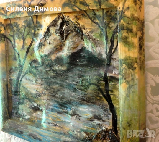 Залез край реката до пещерата (маслени бои върху кора от бреза), снимка 3 - Картини - 54690719
