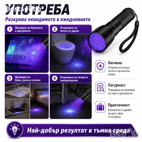 Мощен UV фенер лампа ултравиолетова светлина ув фенерче за камък смола, снимка 2 - Къмпинг осветление - 48142461