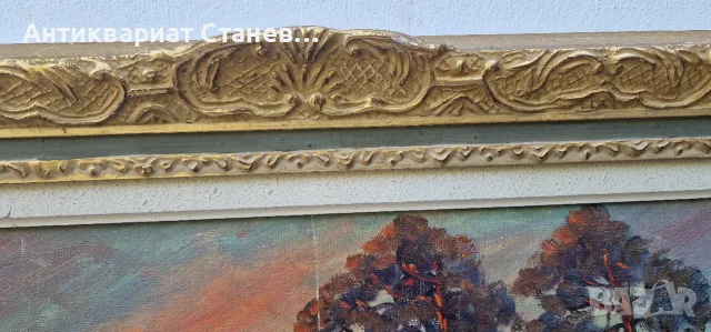 🌲 ВПЕЧАТЛЯВАЩ СКАНДИНАВСКИ ПЕЙЗАЖ – МАСЛЕНА ЖИВОПИС В БОГАТА ДЕКОРАТИВНА РАМКА 🇸🇪🎨, снимка 11 - Антикварни и старинни предмети - 55304511