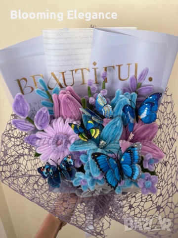 Вечен букет от плюшена тел с пеперуди, снимка 3 - Декорация за дома - 54174237