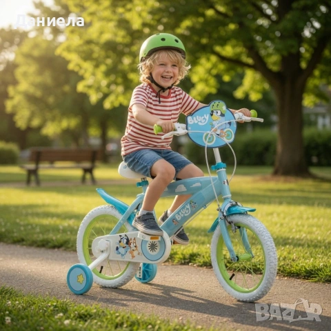 Детски велосипед Bluey 16" със спомагателни колела – светлосин, за деца 5–7 години, снимка 4 - Велосипеди - 54750433